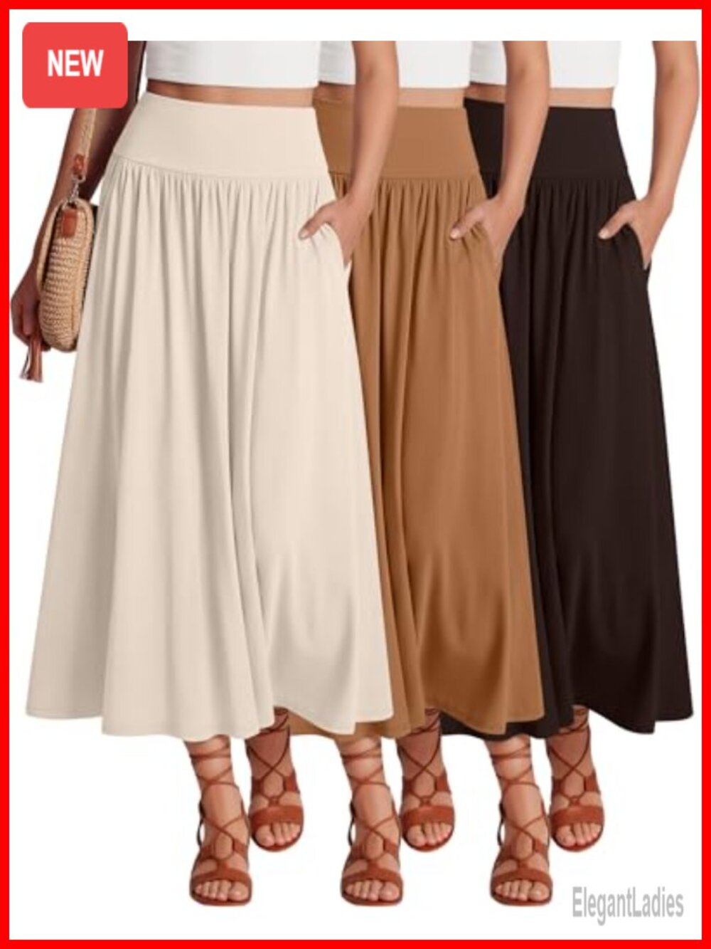 Women's 3 Pack Maxi Long Pleated A-Line Skirts with Pockets